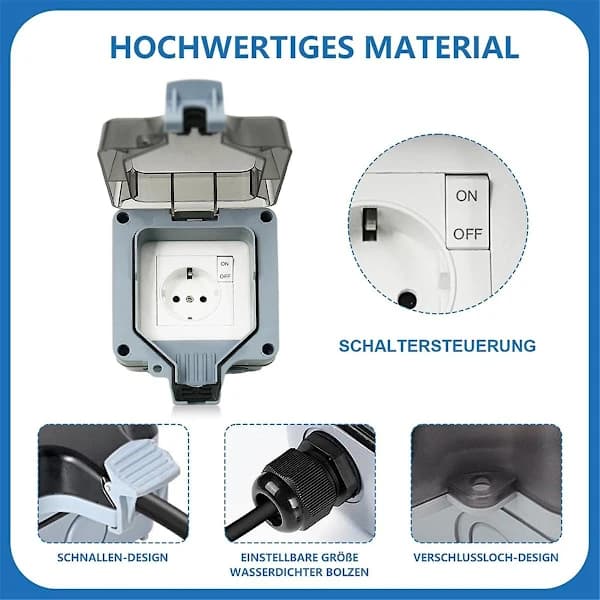 Waterproof Outdoor Socket 1-Gang IP66 with Switch, Indicator Light and Hinged Lid, Lockable EU Socket, Grey