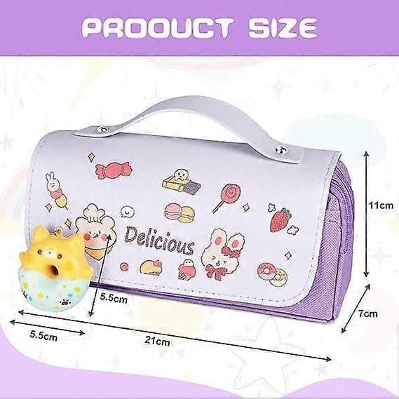 Large Pencil Case with Multiple Compartments Office Supplies Cosmetic Bag Purple Donut