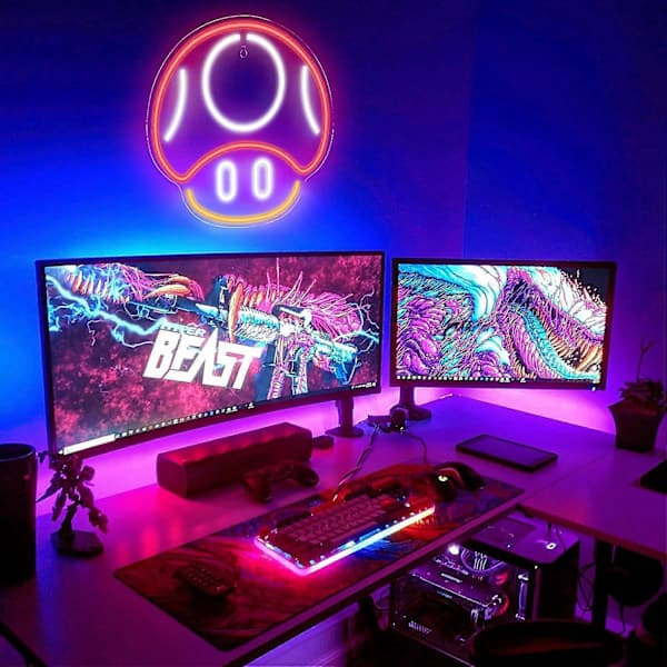 Neonljusskylt Spel, Svamp Neonljusskylt för Spelrumsdekoration, Mancave, Barnrum - Spelsvamp Väggdekor