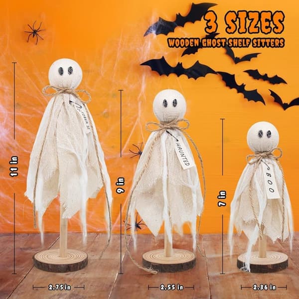 Halloween Ghost Figure Decoration - 3 Pcs Wooden Ghosts for Shelf & Table - Perfect Halloween Decor