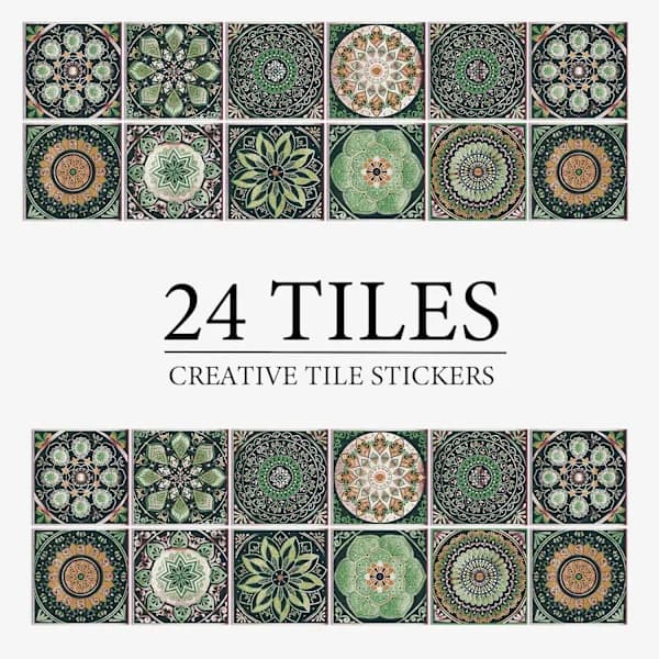 Mandala Tile Stickers 24-pack Self-Adhesive PVC Waterproof Oil-Resistant Wall Decor for Kitchen Bathroom 10x10 Cm