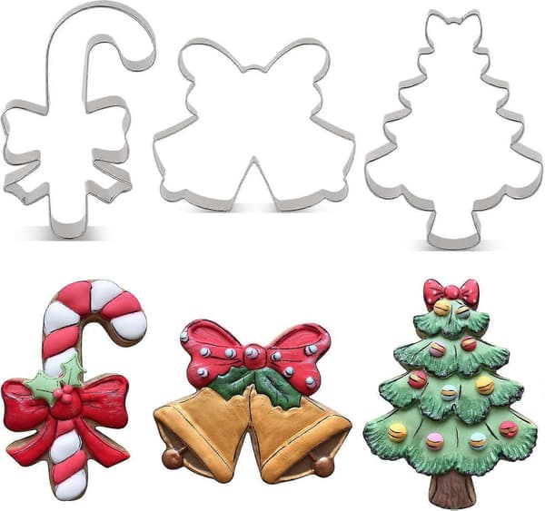 Christmas Cute Cookie Cutter Set - 3 Pieces - Candy Cane with Bow, Christmas Tree