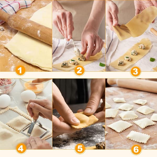 5-delt italiensk ravioli-form, rustfritt stål, med kutter og deigkutter, egnet for pasta, ravioli og bakverk