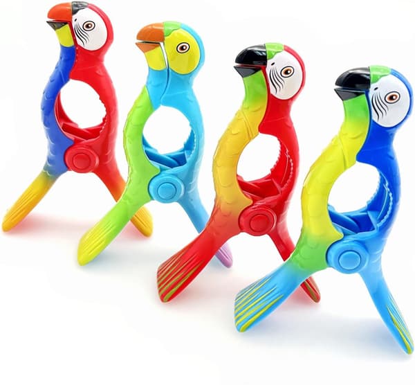 4x papukaijatyyliset uutuusrantapyyheklipsit aurinkotuoleille, suuret aurinkotuolipyyheklipsit, rantapyyheklipsit rantapöydille