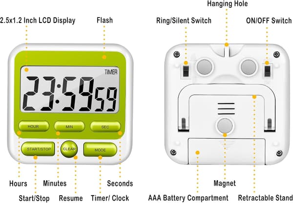 Digital Kitchen Timer with Silent/Loud Alarm On/Off Button