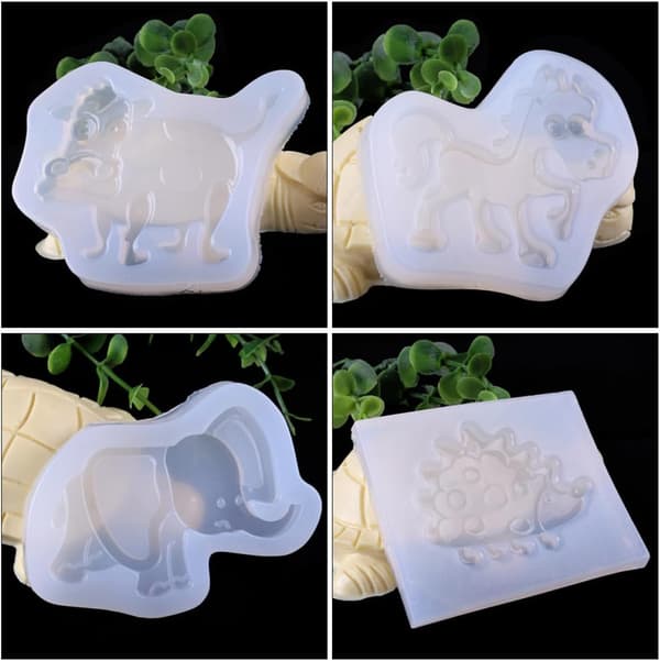 5 stk silikoneforme med dyremotiver, giraf, elefant, pindsvin, hest, ko