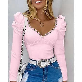 Langærmet bluse til kvinder, efterår, top med 3D-blomst, V-hals, slim fit, T-shirt, mode, hverdagsbluser, skjorte, hvid M Hvid M White M