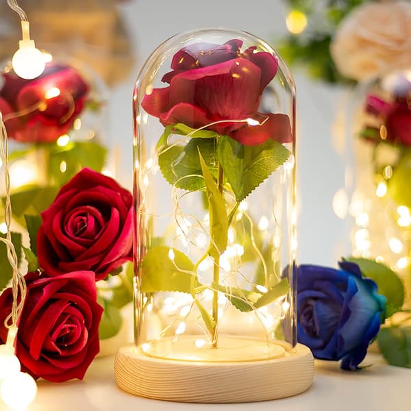 Artificial Rose with LED Light, Glowing Glass Shade for Valentine's Day (Red)