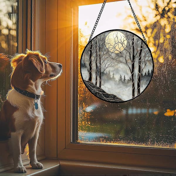 Stained Glass Suncatcher Black and Gold Moon Forest Window Hanging Decor 7.8in Durable Glass Ref: 1244