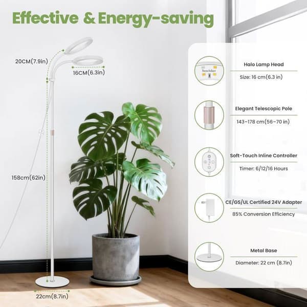 Large 12V grow light for indoor plants, improved full spectrum 660nm, 2 x 16cm lamps with timer & dimming