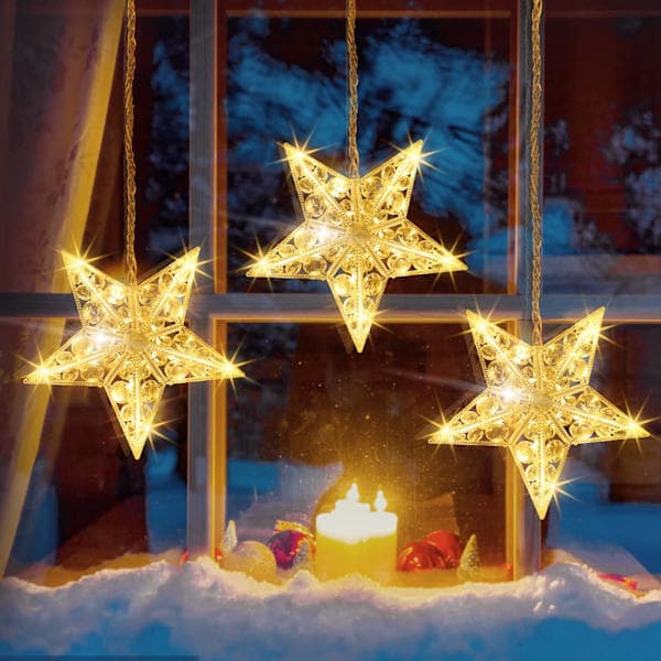 LED Star Curtain Light String Christmas Decoration Diamond Battery Operated Timer 8 Modes, Star Light String Curtain Waterproof Warm White