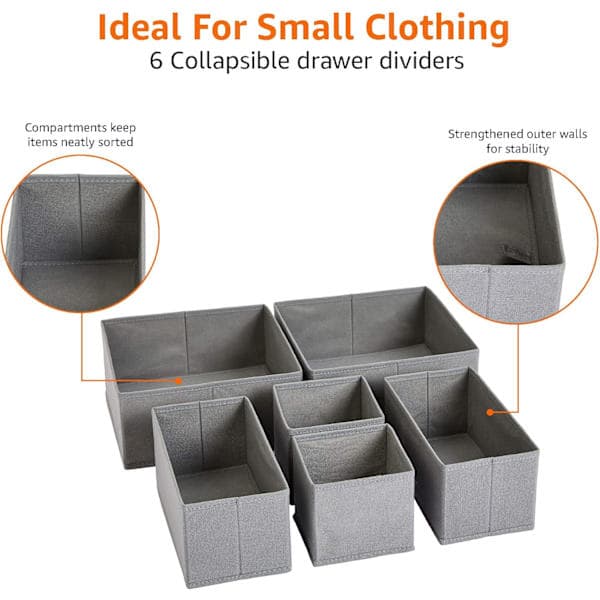 Foldable Storage Bins/Dividers for Closet, Bedroom, or Kitchen, 6-Pack, Grey