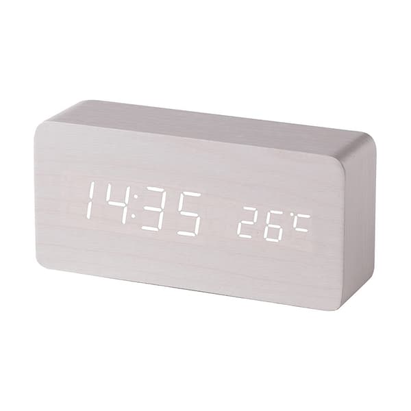 (White) Digital Wooden Alarm Clock with LED Sound Control, Power Supply