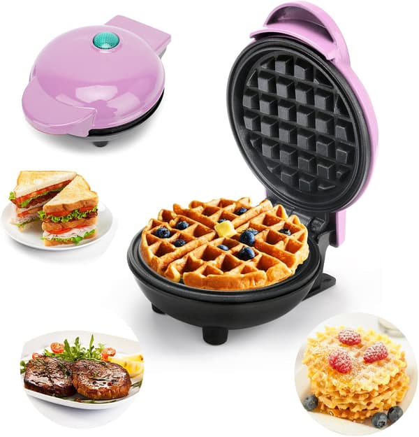 (Rosa) Mini Runt Våffeljärn och Pannkaksvåffeljärn för Julklappar, Mors Dag, Barn