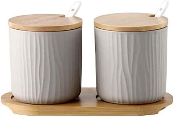 Set of 2 Ceramic Spice Jars with Lids and Spoons, for Kitchen and Table, Grey