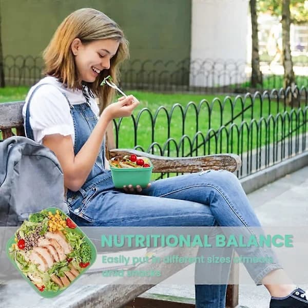 Lunch Box 1500ml, Bento Box Salad Container with 3 Compartments and Sauce Box, with Dressing Container, Lunch Box for Microwave and Dishwasher, Green