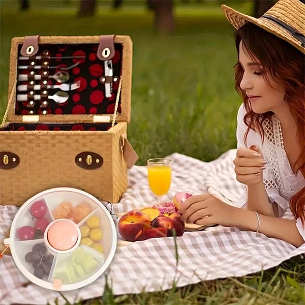 Roterende Fruktskål Bærbar Utendørs Snacksboks Dekket Oppbevaring 5 Rom Organizer Blå Blue