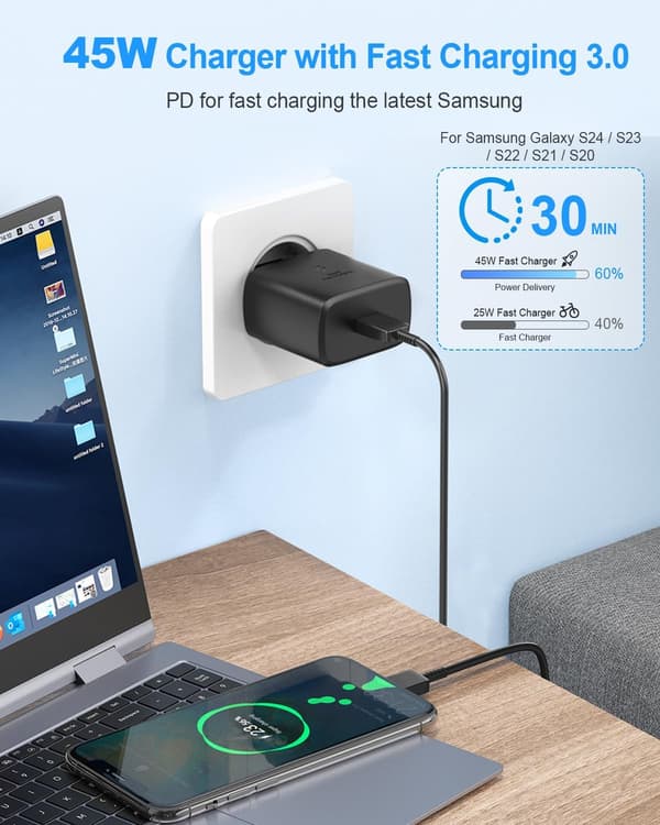 45W Superrask USB-C-lader kompatibel med Samsung Galaxy S24/S23-serien-FY-