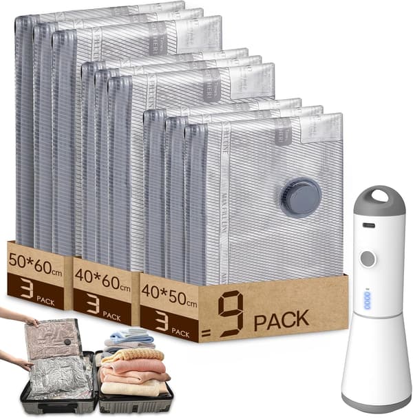 Vacuum Storage Bags for Clothes with Electric Cordless Pump, 9-Pack Reusable