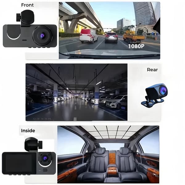 1080P HD 3-Channel Dashcam Front, Rear and Inside Car Camera with Night Vision