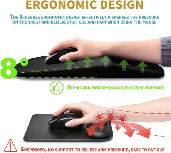 Ergonomisk musemåtte med håndledsstøtte og massage design, håndledsstøtte smertelindrende musemåtte med memory foam & skridsikker PU-base