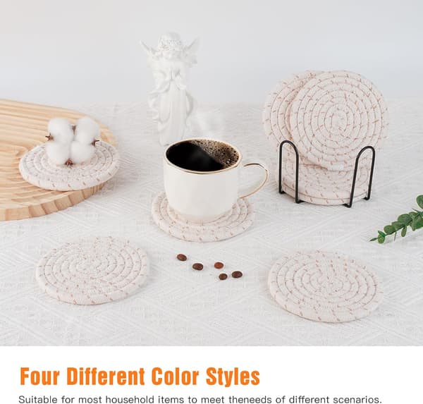 Drink Coasters with Holder, 8-Pack Cotton Coasters for Table Protection, Home Decor, Glasses, Cups, Housewarming Gift