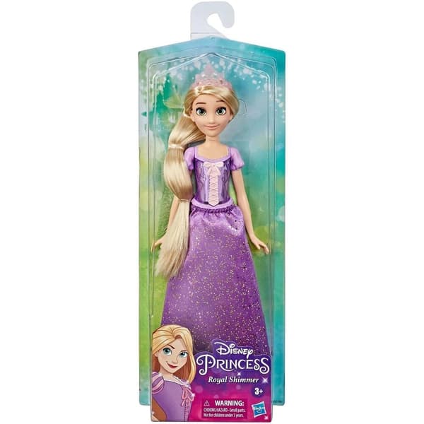 Rapunzel-nukke kuninkaallisella kimaltelevalla mekolla ja pitkillä hiuksilla