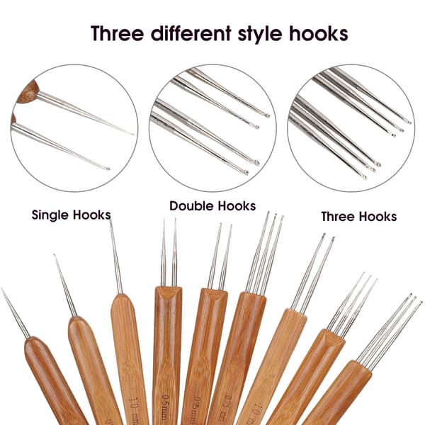 Dreadlock Crochet Hook Set (9 pcs) - Bamboo Handle, Single/Double, Hair Weaving Tool