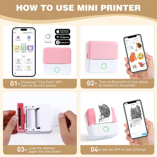 Mini termisk skrivare trådlös etikettskrivare med band kompatibel med iOS och Android rosa