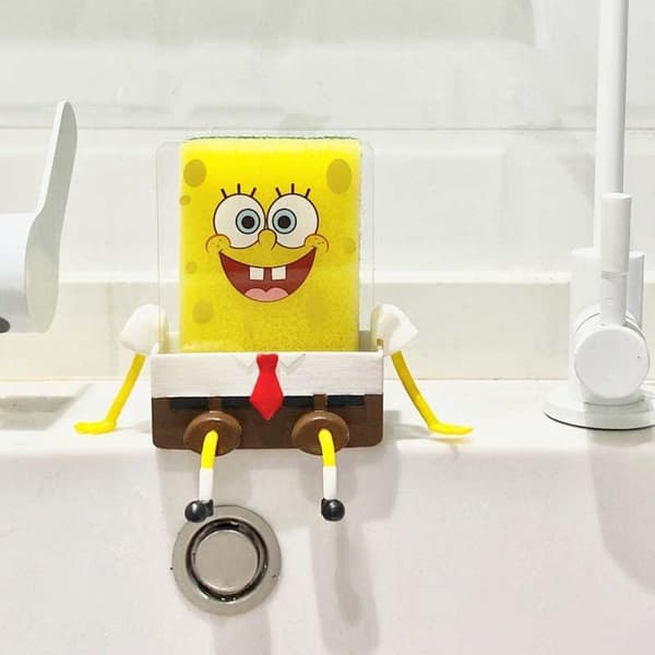 Cartoon Sponge Holder with Sponge, Kitchen Sponges Spongebob Holder, Sink Shelf Sponge Drain Rack-FA-