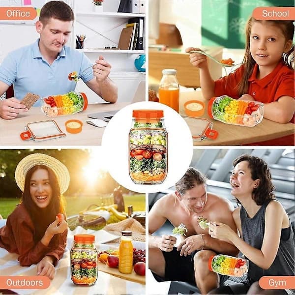 Salad Jars with Leak-Proof Dressing Container, Reusable Lunch Box with Side Opening for Salads, Snacks, and Oats, 2-Pack Green Orange