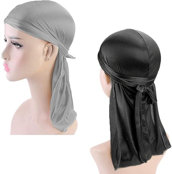 2 st Svart Silver Silkeslen Durag Unisex Mössa Hatt Durag för Män Kvinnor