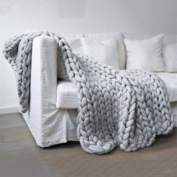 Grey, 60*80 cm Hand-Knitted Chunky Knit Blanket, Wool Blanket, Large Knitted Bed Throw Compatible with Sofa, Sleeping Pad
