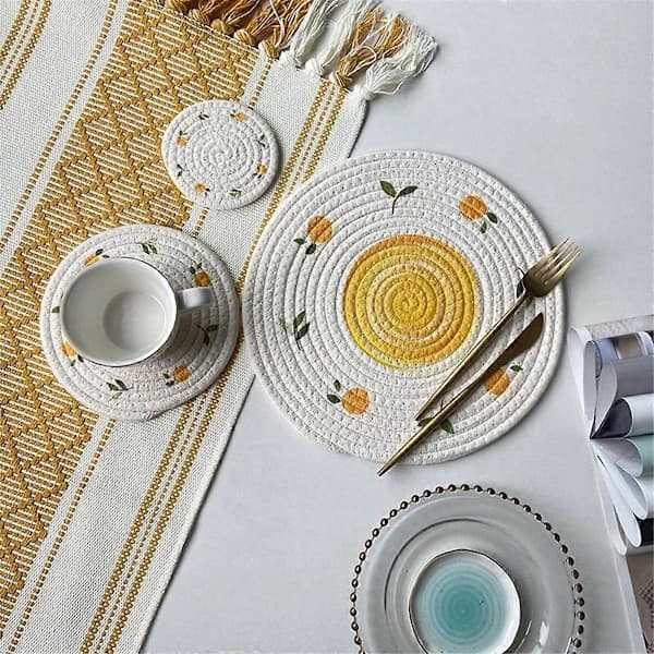 Round Table Mat Woven Placemats Non-slip Dining Table Mats Anti-slip Tableware Bowls Coasters Kitchen Dr[CO]