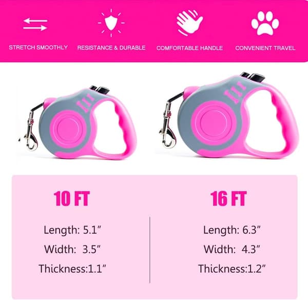 Retractable Dog Leash, Lightweight Leash with Non-Slip Handle, for Small and Medium Dogs (Grey Pink, 16ft)