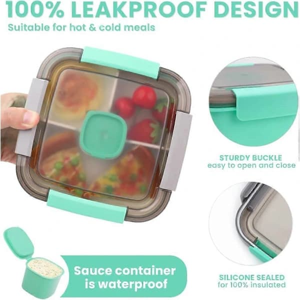 Lunch Box 1500ml, Bento Box Salad Container with 3 Compartments and Sauce Box, with Dressing Container, Lunch Box for Microwave and Dishwasher, Green