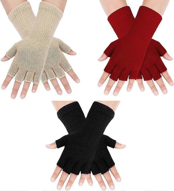 3 par fingerløse handsker til kvinder og mænd, halvfingerhandsker, lette til vinter