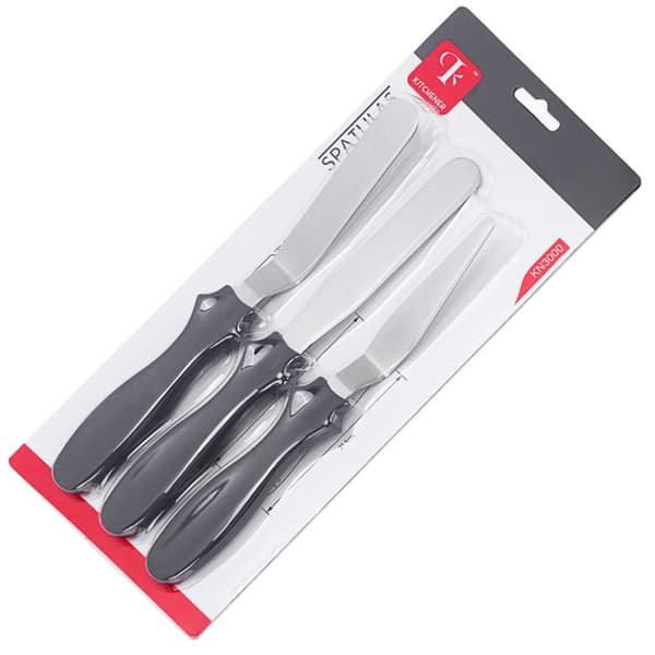 3-piece Stainless Steel Spatula Set for Cake with Black PP Handle, Icing and Smoothing Knives for Cake Decorating and Baking 133