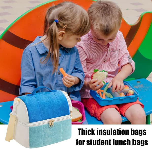Double-Layer Plush Cartoon Lunch Bag, Extra Thick, Blue