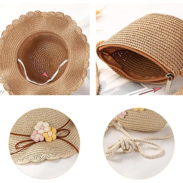 (Beige) 2-pack flickas solhatt och halmvävd väska, 1-6 år gamla barns stråhatt med blomdekoration, sommarstrandhatt