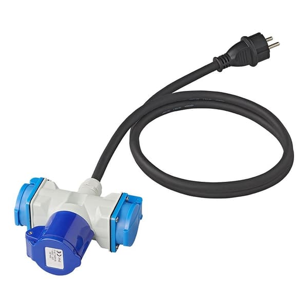 Adapterkabel 150cm 3x2,5mm² fra Schuko-plugg til 1xCEE + 2xSchuko-uttak