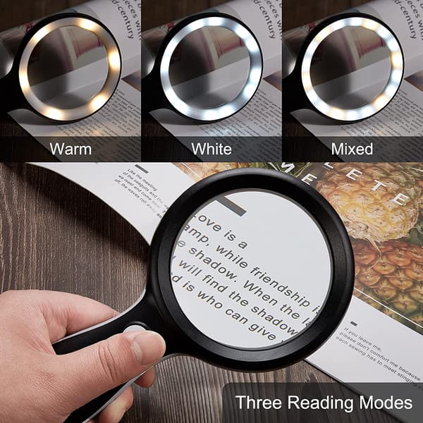 10X Handheld Magnifier with 18 LED Lights and 3 Lighting Modes for Seniors Reading White