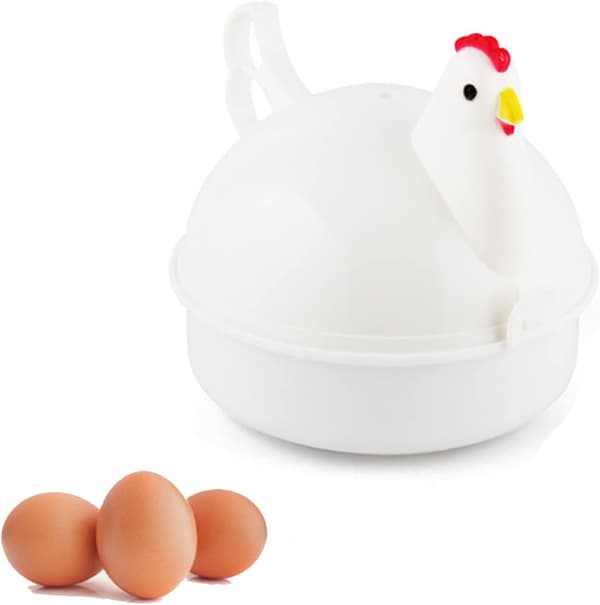 Eggdamper for egg og egg, mikrobølgeovn eggkoker 13,5 * 14 * 14 cm, hvit, 4 egg, kan brukes til oppvarming av mat