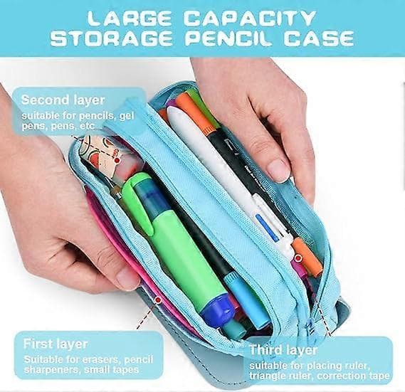 Large Pencil Case with Multiple Compartments Office Supplies Cosmetic Bag Blue