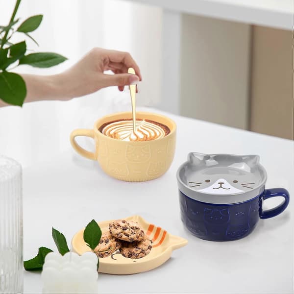 Porslinskaffekoppar med lock, mönstrade kaffemuggar, söt morgonkopp, tekoppar kaffemuggar inflyttningspresenter, (Grå katt)