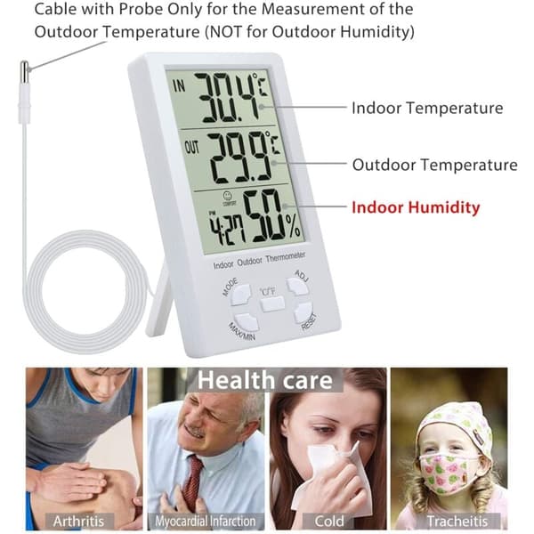 Digital termometer hygrometer med sond, inomhus utomhus temperatur luftfuktighetsmätare för kylskåp, kontor, akvarium - vit