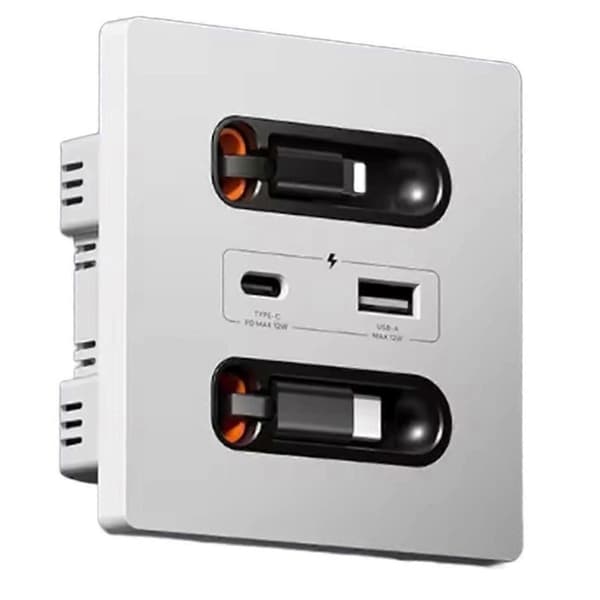12w Universal Wall Panel Socket with USB-A USB-C Retractable Charging Cable, Mobile Phone Tablet Charger