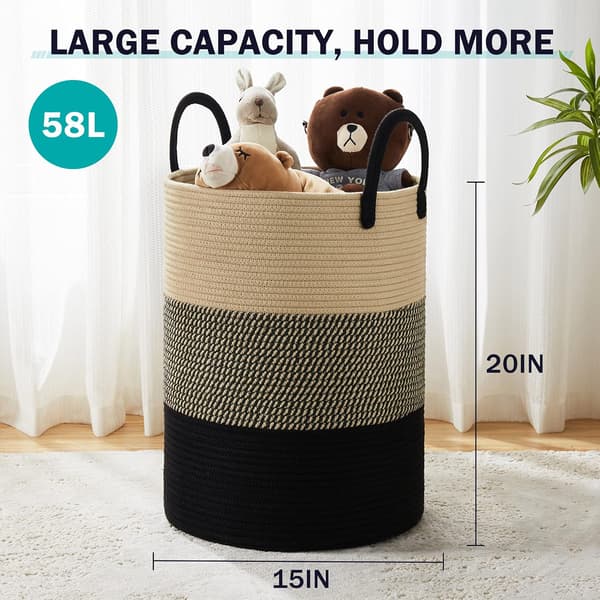 Tvättkorg Förvaringskorg för Smutsiga Kläder Bomullsrep 38cm(D) x50cm(H) Z-Brun Svart