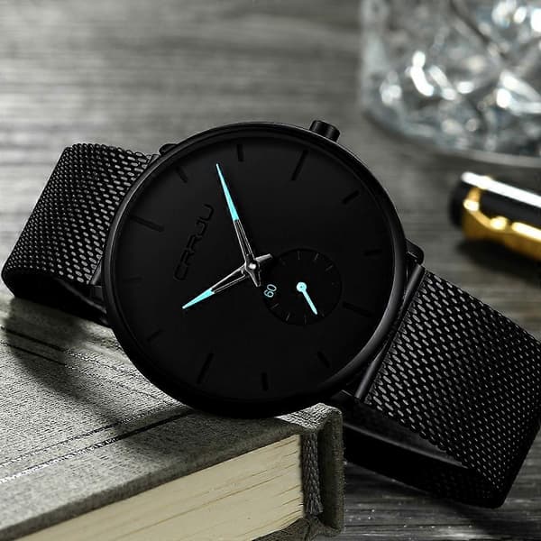 2150 Vattentät Rund Urtavla Små Sekunder Legering Mesh Armband Kvarts Klocka för Män