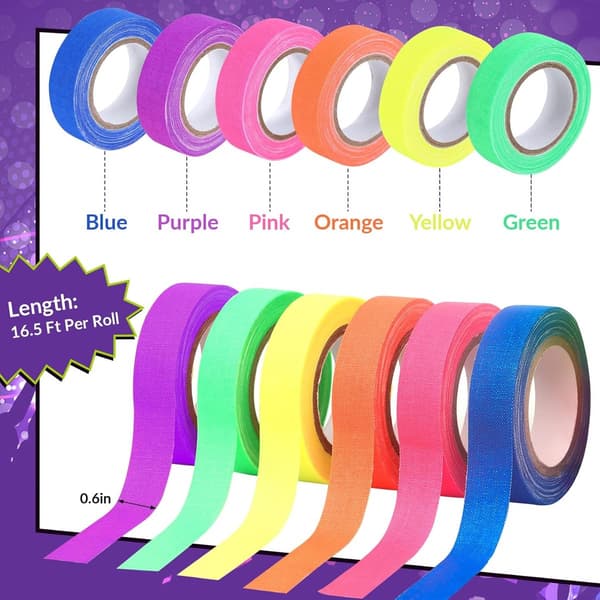Selvlysende tape, neonrulle, 6 farver, 5M x 1.5CM, lyser under UV, til fester og håndværk